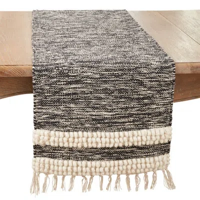 Saro Festive Fringe And Pom Pom Stripe Table Runner In Black