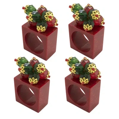 Saro Festive Square Beaded Napkin Ring (set Of 4) In Red