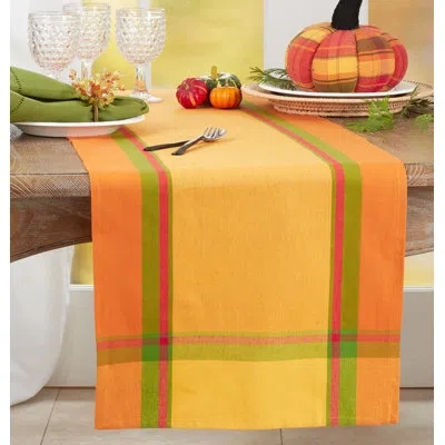 Saro Feuilles Striped 100% Cotton Table Runner In Orange