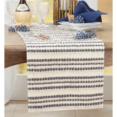 Saro Florentina Striped 100% Cotton Table Runner In Black;white