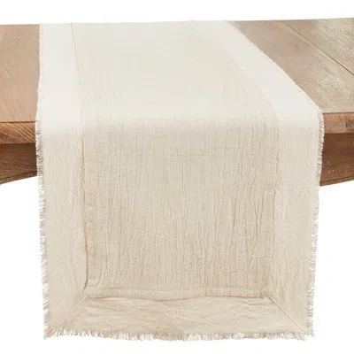 Saro Fringed Double Layer Table Runner In Beige