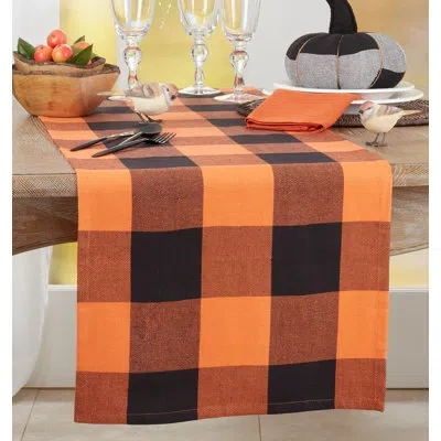 Saro Harvest Plaid 100% Cotton Table Runner In Orange,black