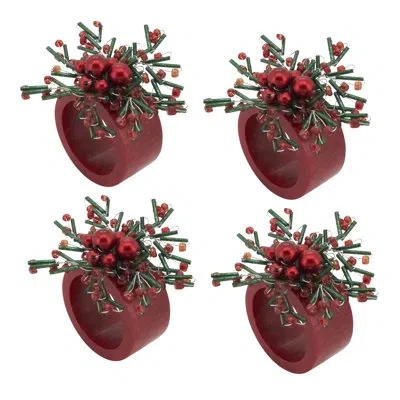 Saro Holiday Charm Beaded Napkin Ring (set Of 4) In Red