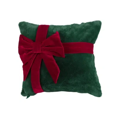 Saro Holiday Gift Bow Throw Pillow Cover - Faux Fur Christmas Throw Pillow Cover For Festive Holiday Home In Green