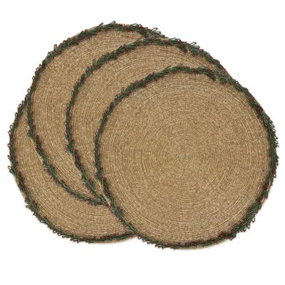 Saro Holiday Sparkle Beaded Wreath Border Placemat (set Of 4) 15r In Gold