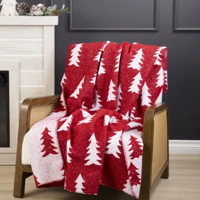 Saro Holiday Tree Pattern Throw Blanket - Cozy Reversible Decorative Throw For Sofa, Bed, And Winter Home In Red