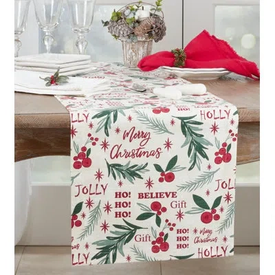Saro Holly Jolly 100% Cotton Christmas Table Runner In White;green;red