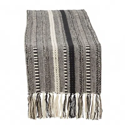 Saro Lifestyle 14"x72" Fringe Detail Braided Stripe Table Runner In Black In Gray