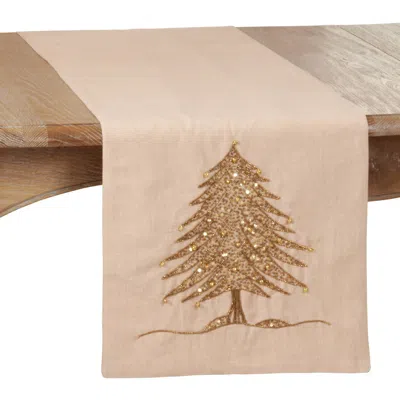 Saro Lifestyle Beaded Christmas Tree Design Runner In Sand In Neutral