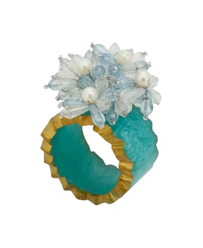 Saro Lifestyle Beaded Petal Delight Resin Napkin Ring Set Of 4, In Aqua