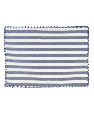 Saro Lifestyle Classic Striped Whipstitch Pom Pom Placemat Set Of 4,14"x20" In Blue