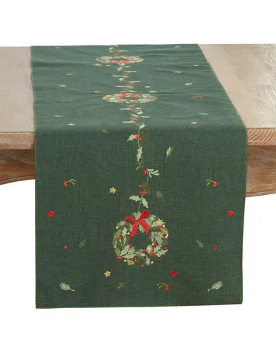 Saro Lifestyle Embroidered Wreath Table Runner, 16" X 70" In Green