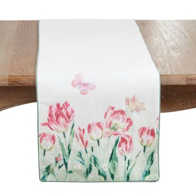 Saro Lifestyle Floral Butterfly Decorative Table Runner In White In Multi