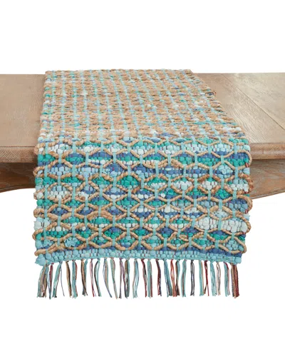 Saro Lifestyle Handwoven Net Chindi Table Runner, 16"x72" In Aqua