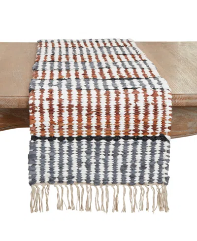 Saro Lifestyle Leather Chindi Stripe Fringed Table Runner, 16"x72" In Multi