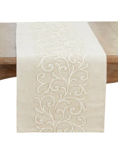 Saro Lifestyle Linen Blend Embroidered Scroll Table Runner, 16" X 70" In Brown