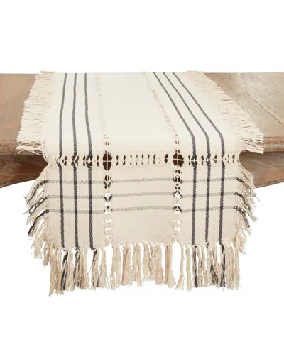 Saro Lifestyle Plaid Hemstitch Table Runner, With Fringe, 16"x72" In Neutral