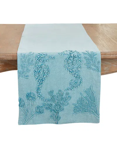 Saro Lifestyle Seashore Stonewashed Detail Table Runner, 16"x72" In Blue