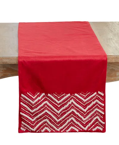 Saro Lifestyle Velvet Beaded Chevron Table Runner, 16" X 72" In Red