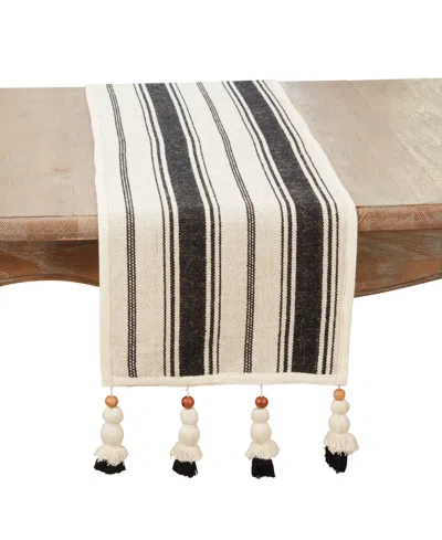 Saro Lifestyle Wood Bead Tassel Trimmed Stripe Table Runner, 13"x72" In Neutral