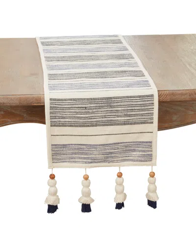 Saro Lifestyle Wooden Beaded Tassel Stripe Table Runner, 13"x72" In Navy Blue