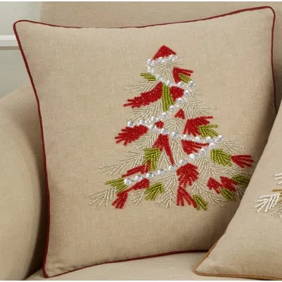 Saro Lumières Collection Beaded Christmas Tree Pillow, Cover Only In Red