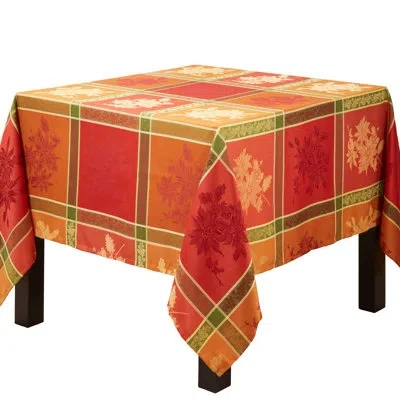 Saro Luxurious Jacquard Tablecloth With Intricate Fall Leaves Design_square In Orange