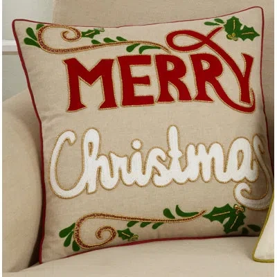 Saro Merry Christmas Happy Cotton Throw Pillow Cover & Insert In Polyester,polyfill