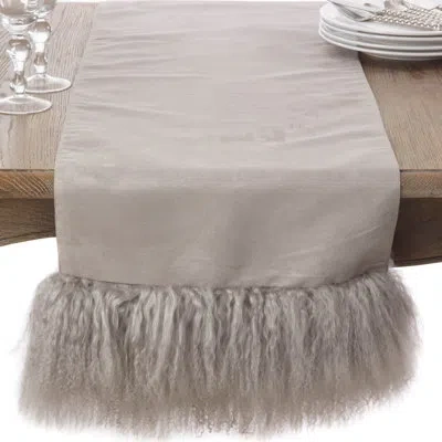 Saro Mongolian Lamb Wool Fur Trim Elegant Table Runner In Fog