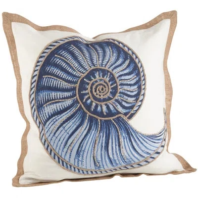 Saro Neptunian Spiral Shell Square Cotton Pillow Cover & Insert In Blue;white