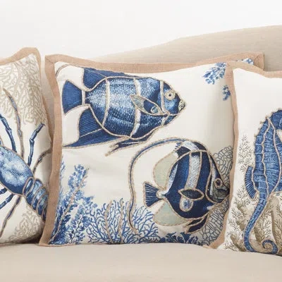 Saro Neptunian Stitched Fish Down Filled Cotton Throw Pillow In Blue