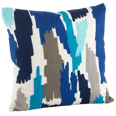 Saro Pennello Brushstroke Embroidery Cotton Feather 20" Throw Pillow In Ocean Blue
