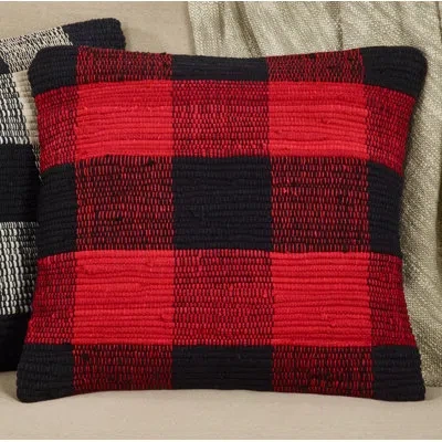 Saro Plaid Cotton Throw Pillow Cover & Insert In Red,pillow Cover Only - No Insert