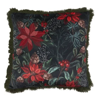 Saro Poinsettia Botanical Throw Pillow Cover - Velvet Holiday Throw Pillow Cover With Fringe Trim For Chr In Does Not Apply