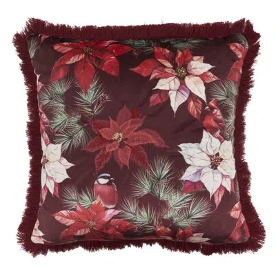 Saro Poinsettia Holiday Throw Pillow Cover - Velvet Christmas Throw Pillow Cover With Fringe Trim For Fes In Does Not Apply