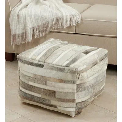 Saro Posh Ottoman With Storage In Gray Striped Genuine Leather
