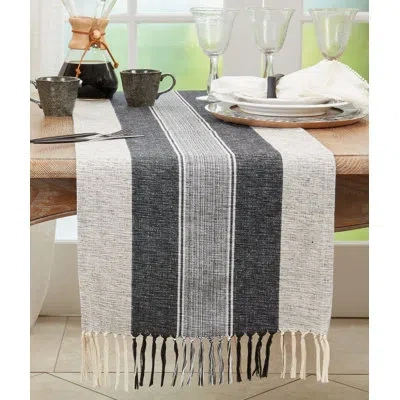 Saro Rectangular Striped Table Runner In Black;white