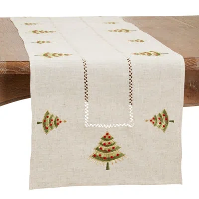Saro Runner_christmas Tree Design Embroidered Table Runner In Natural
