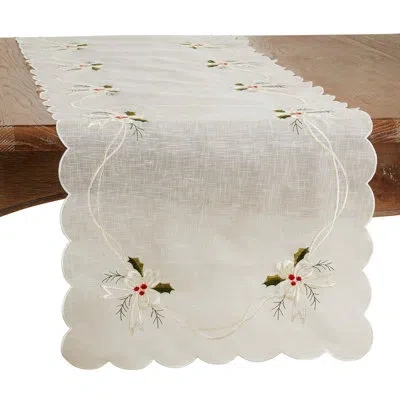Saro Runner_holly And Ribbon Design Embroidered Table Runner In White