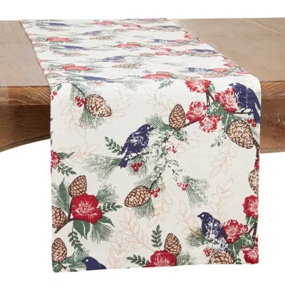 Saro Runner_pinecones And Birds Long Table Runner In Multi