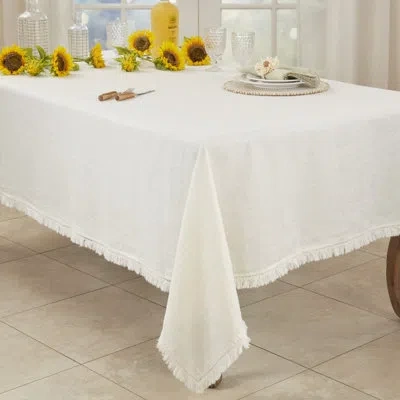 Saro Stonewashed Linen Fringed Tablecloth In Ivory