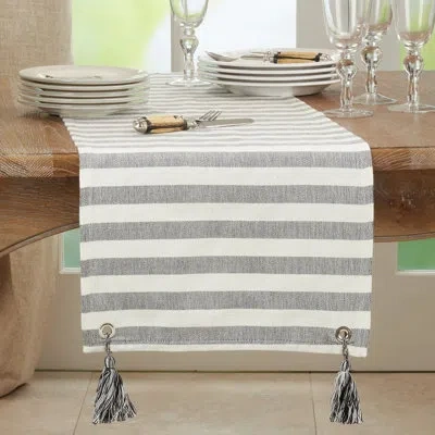 Saro Striped 100% Cotton Table Runner In Black,white