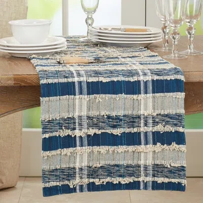 Saro Striped 100% Cotton Table Runner In Blue