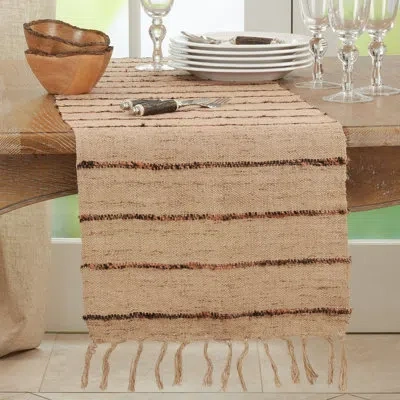 Saro Striped 100% Cotton Table Runner In Brown
