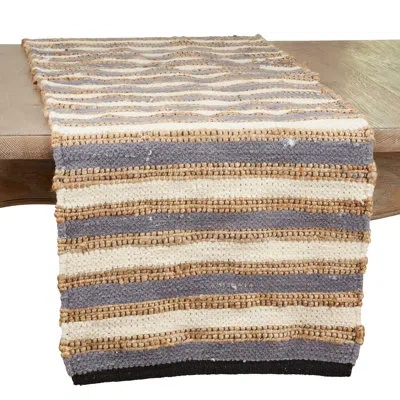 Saro Striped Cotton Blend Table Runner In Blue