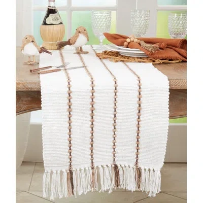Saro Striped Design Cotton Table Runner In Ivory