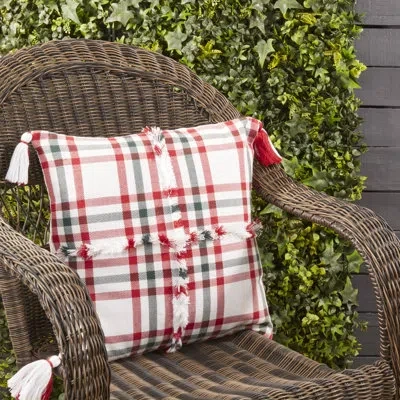 Saro Tasseled Plaid Outdoor Poly Filled Throw Pillow