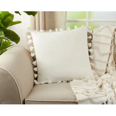 Saro Tasseled Square Cotton Pillow Cover In White