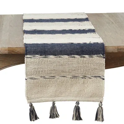 Saro Tasseled Stripe Table Runner In Brown