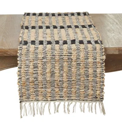 Saro Textured Bold Stripe Fringe Table Runner In Black